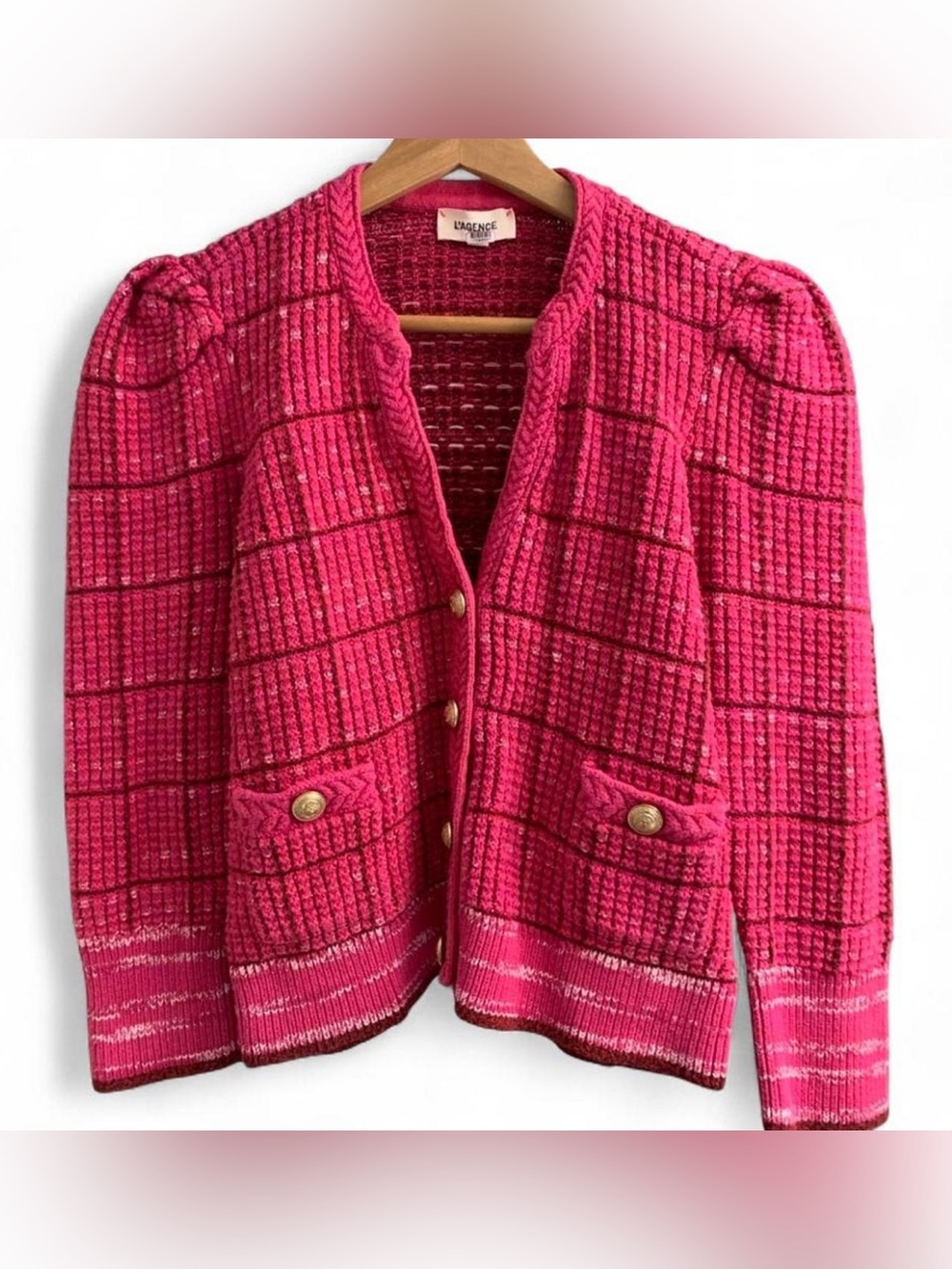 L'AGENCE Pink Tweed Button-Front Cardigan